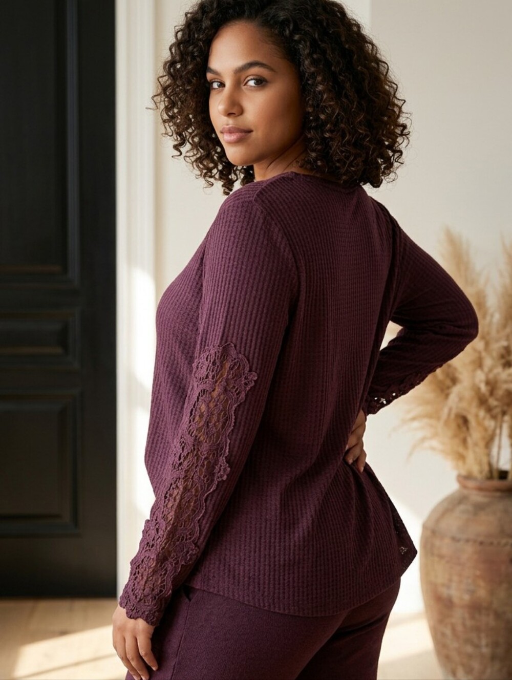 Maurices Waffle Knit Thermal Tee Crochet Lace Sleeve Burgundy Pullover Large